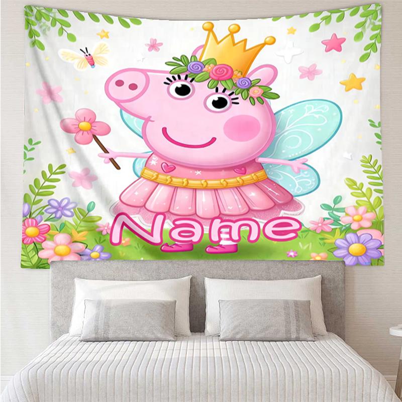 Custom Name Peppa Pig Print Tapestry, Backdrop, Easy Setup, Ideal for Bedroom, Office & Living Room, with Aesthetic Wall Hanging Decor.