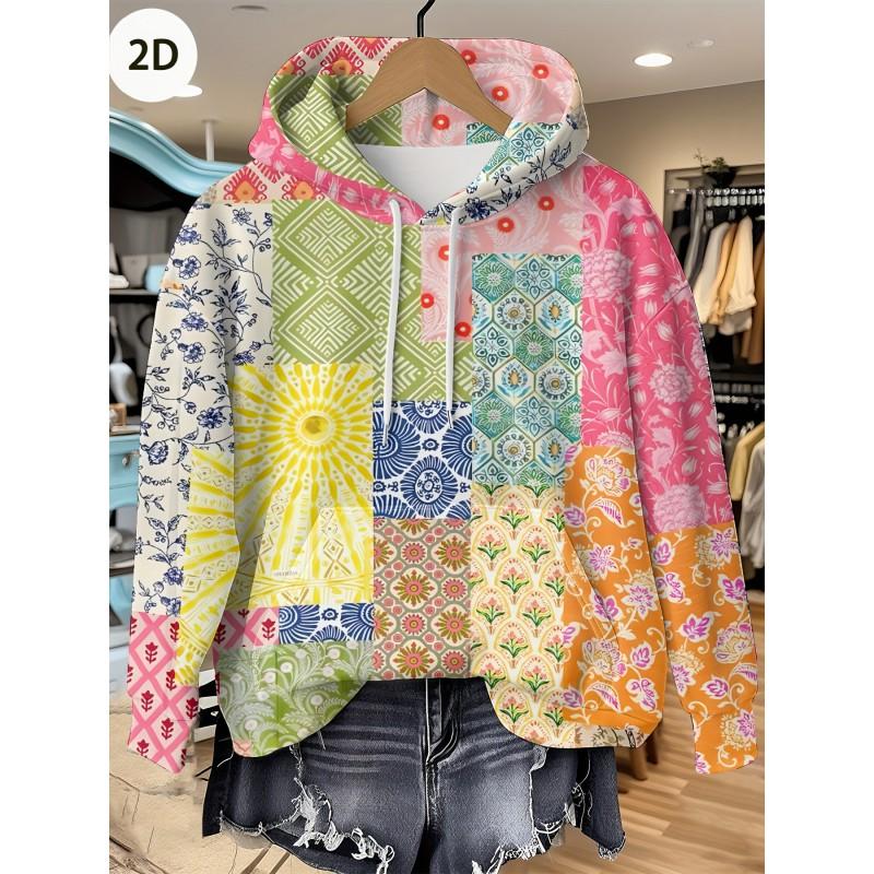 Womens Relaxed Fit Hooded Long Sleeve Sweatshirt With 3D Floral Plaid Print Breathable Comfort Casual Top