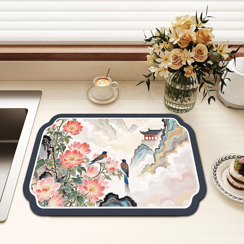 Chinese-Style Irregular Flower & Bird Diatom Mud Coffee Mat: Stain-Resistant, Easy-Clean, Non-Slip Kitchen Draining Mat