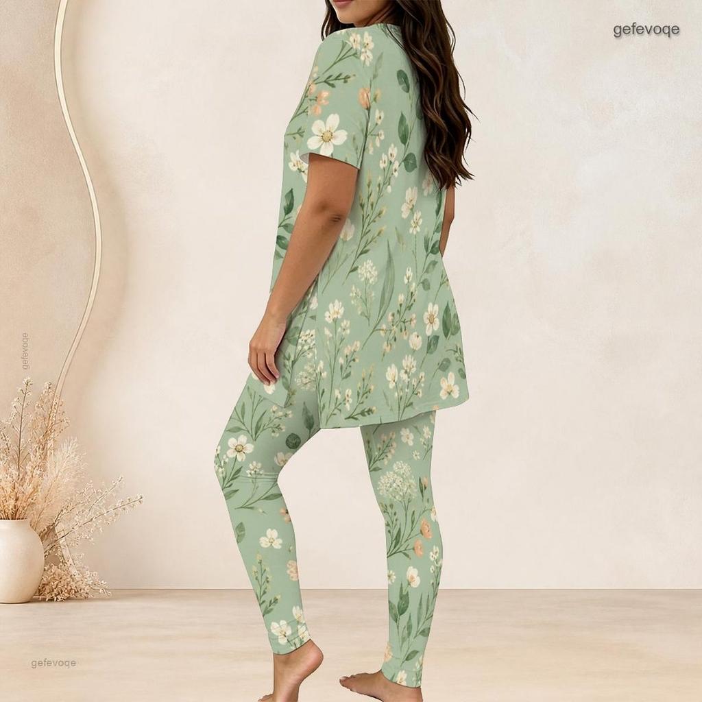Women Plus Size Two Piece Suit Crew Neck Short Sleeve Shirt Long Pants