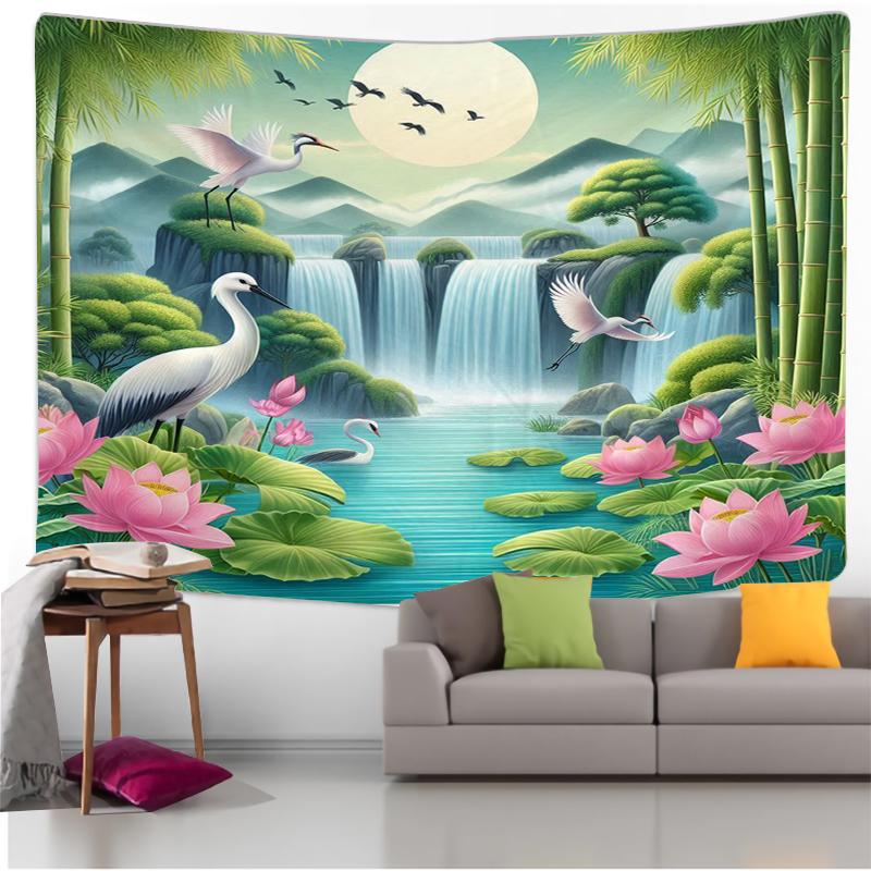 Nature Landscape Wall Tapestry Waterfall And Deer Art Sunny Forest Design Boho Decor For Living Room And Bedroom