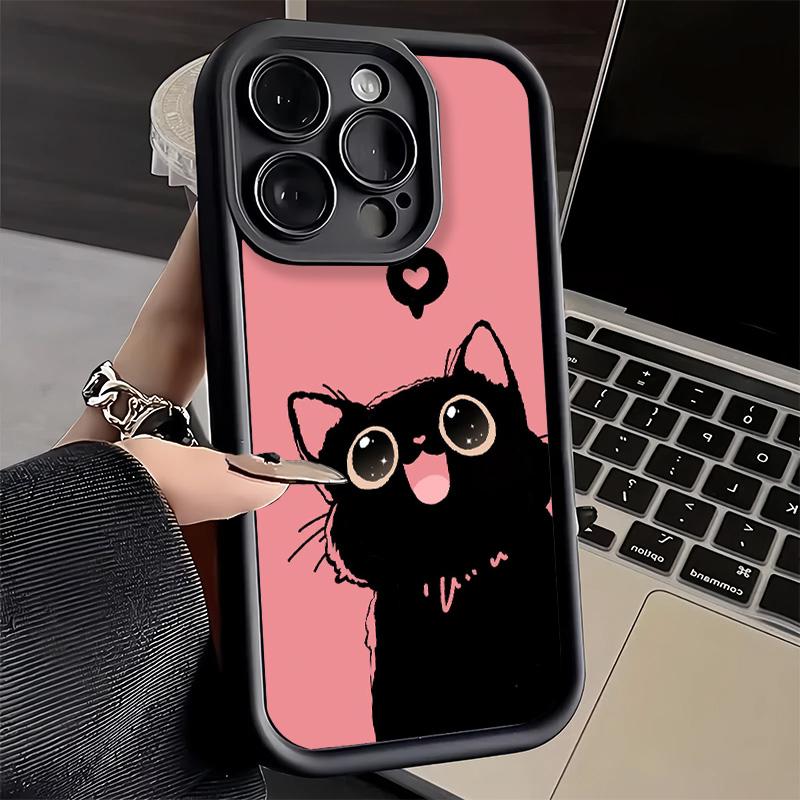 Phone Case for iPhone 17 Air 16E 15 16 Pro Max Black Cat Cartoon Cute Cover 14 Plus 13 12 Mini Soft Shell Silicone Fundas
