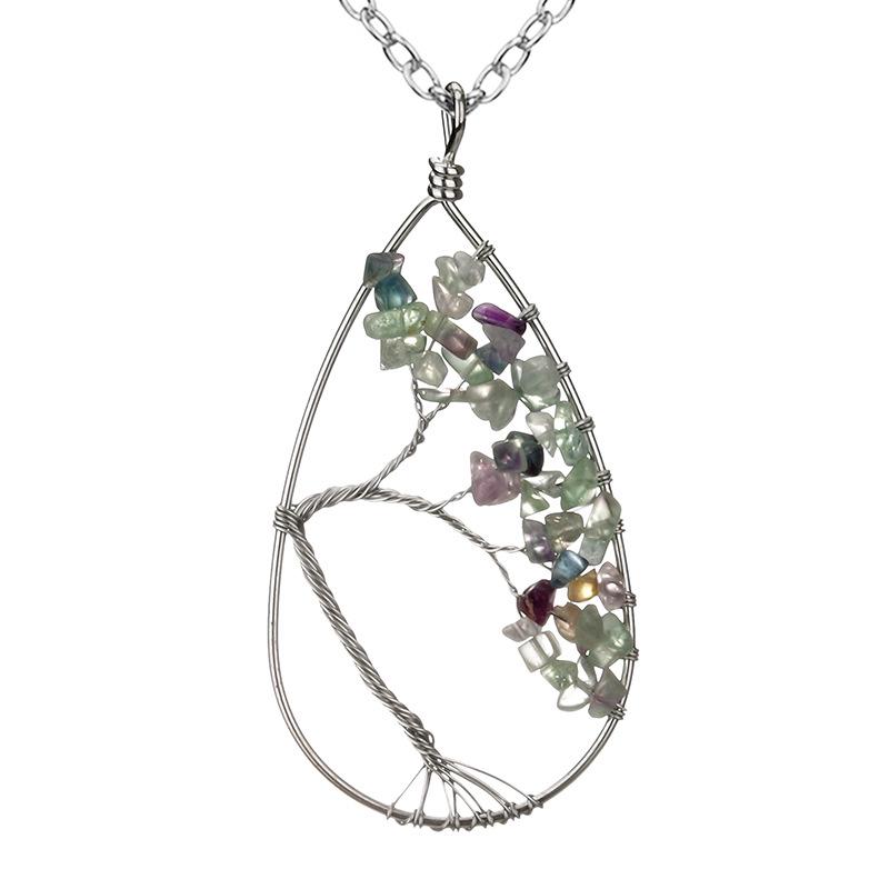 Handmade Silver Wrapped Copper Wire Crushed Stone Tree of Life Necklace, Water Drop Natural Stone Design, Bent Tree of Life Necklace N28.