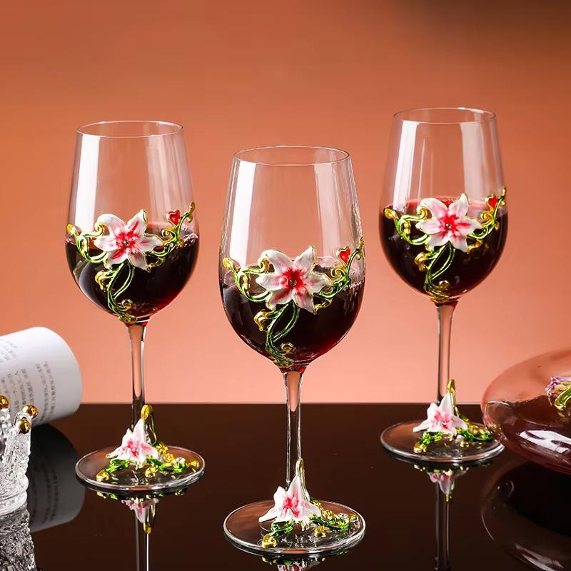 Luxury Crystal Enamel Goblet Glasses Vintage 3D Floral Decor Wine Glass Champagne Cup for Wedding Party Home Bar Home Party Gift