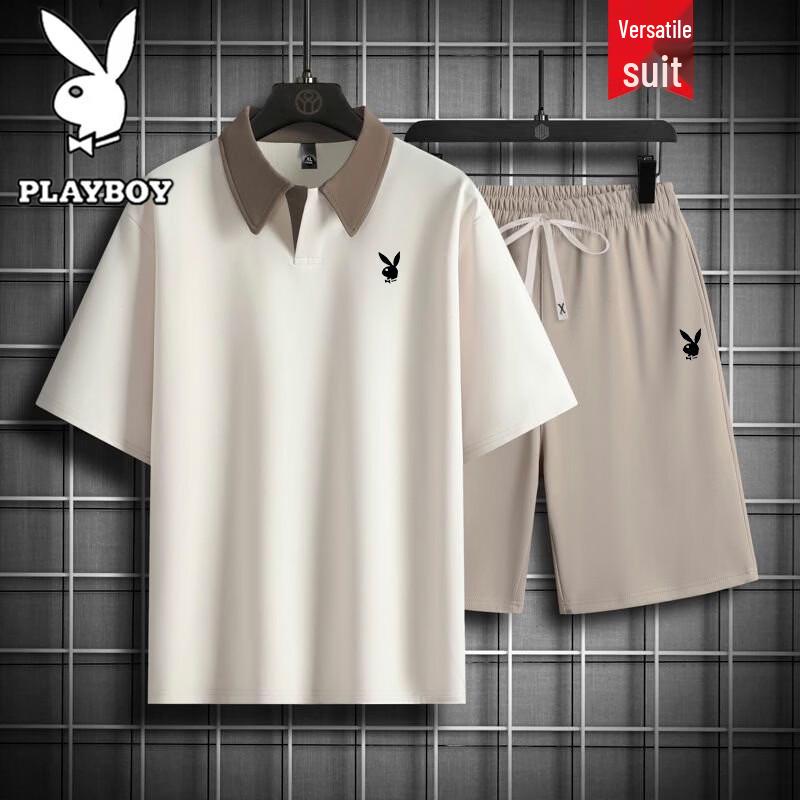 PLAYBOY Men s Summer Lapel T-Shirt & Shorts Set L