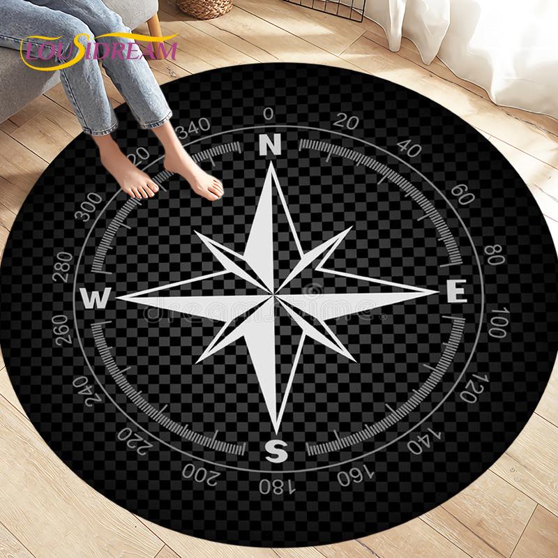 Compass Round Area Rug,Retro British Navy New World Discovery Rug,Carpets for Living Room Bedroom,Kids Play Non-slip Floor Mats
