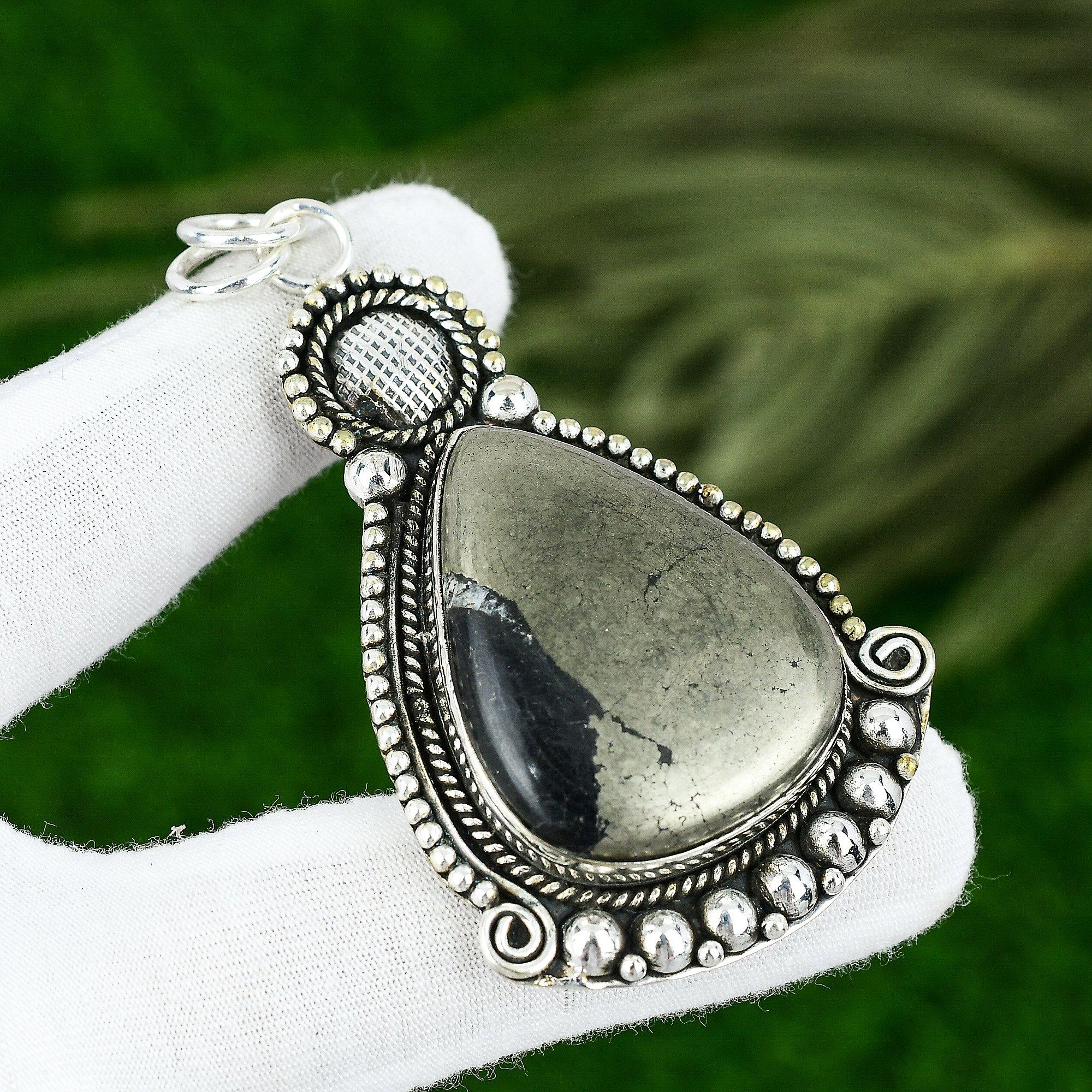 

925 Silver Pear Pyrite Stone Solar Chakra Wedding Bezel Sister Pendant Jewelry