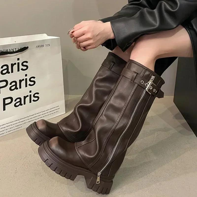 Fashion Winter Women Biker Boots Fashion Belt Buckle Ladies Elegant Platform Long Pipe Booties Casual Women's Knee High Booties