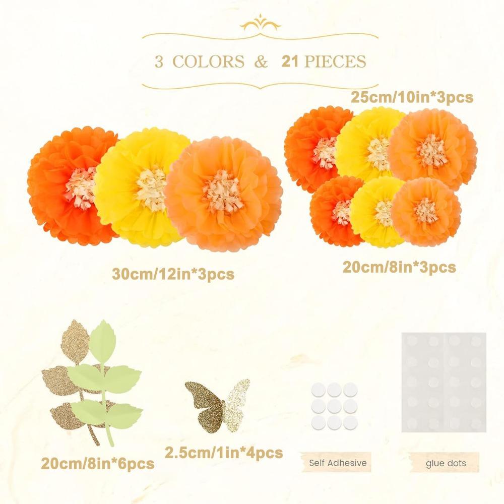 

21 шт. Цветы хризантемы из папиросной бумаги с бабочкой и оливковыми листьями для свадебного оформления, детской комнаты, вечеринок и мероприятий. Помпоны из папиросной бумаги 21pcs оранжевый