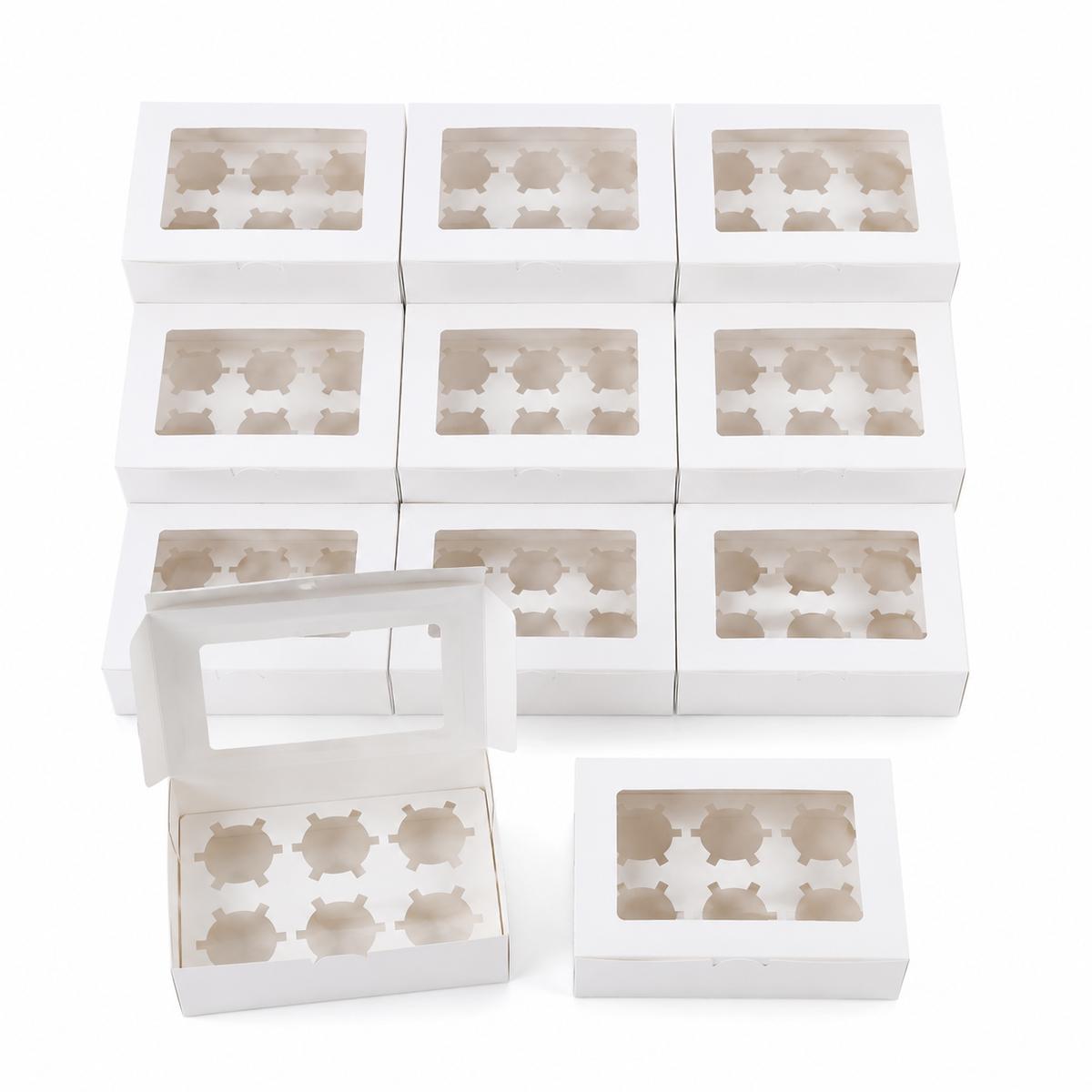 Cupcake Boxes 10-Pack 6-Hole White with Clear Window and Insert for Cupcake Gift Packaging, Parties and Bakery Events