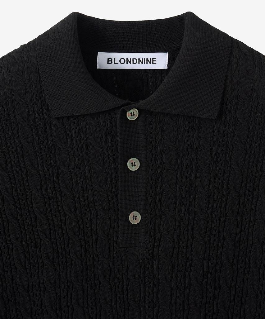 BLOND9 Cable Punching Short Sleeve Collared Knit_Black