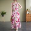 Real summer new simple bohemian crew neck print sleeveless dress women's medium and long