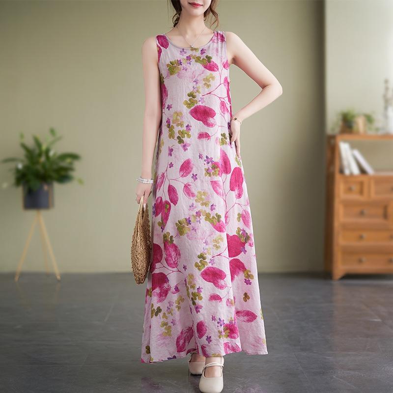 Real summer new simple bohemian crew neck print sleeveless dress women's medium and long