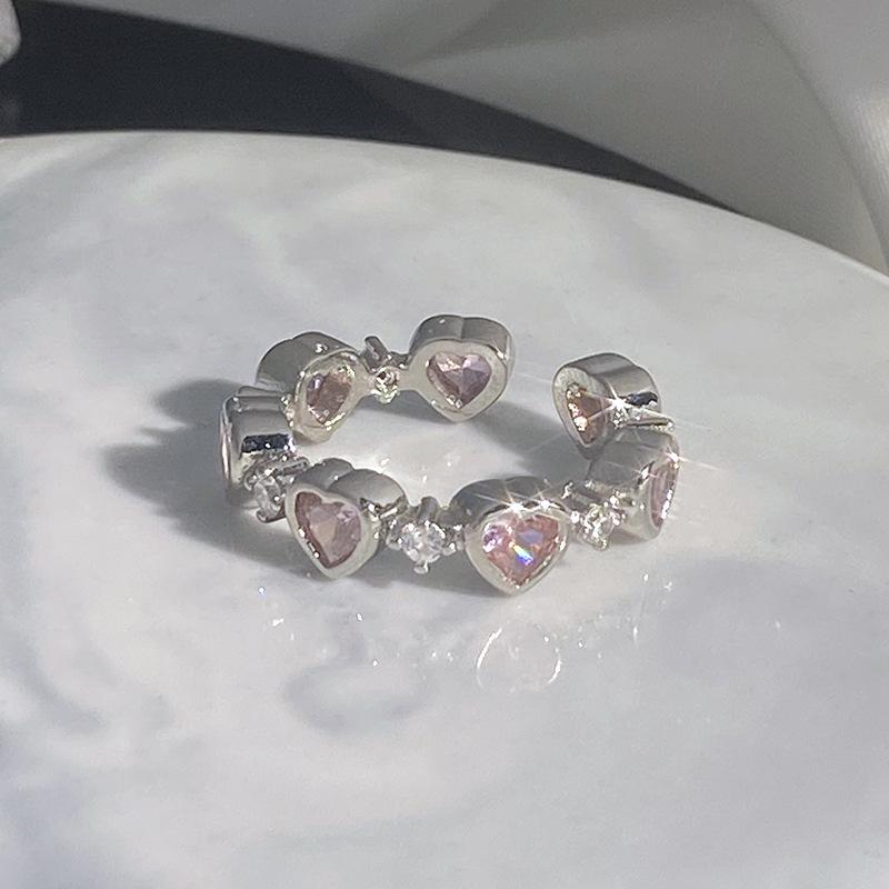 Sweet Pink Diamond Heart Adjustable Ring - Cool, Elegant, Inlaid Gems, High-End Design