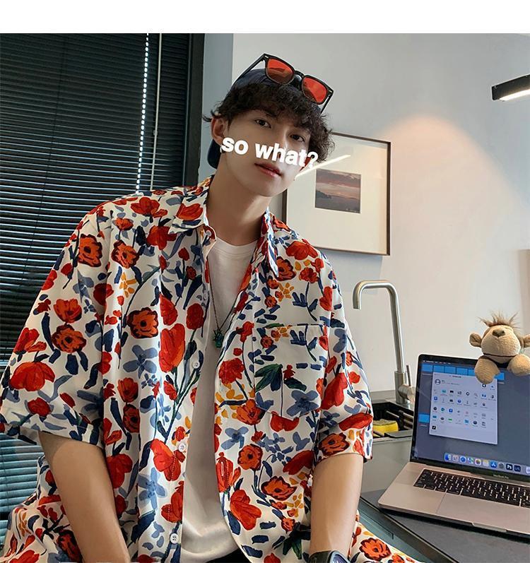 Men's Hawaiian Floral Short-Sleeve Shirt - Trendy, Lightweight, High-End Hong Kong Style Design
