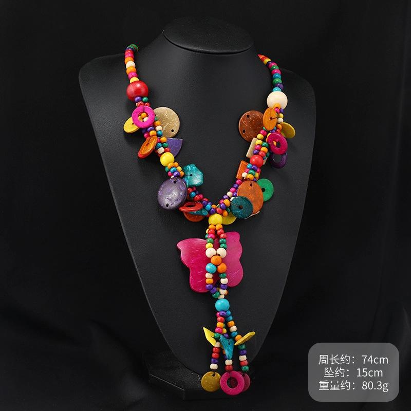 Bohemian Colored Coconut Shell Necklace Holiday Style Long Wooden Handmade Sweater Chain Women's Accessories