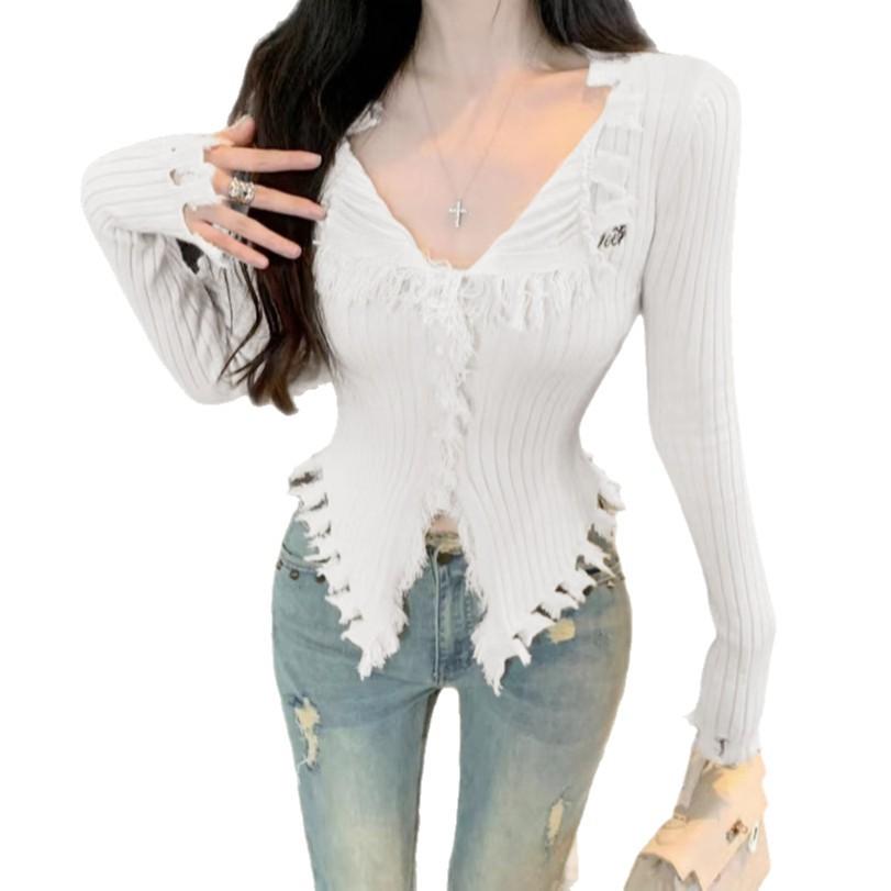 Pure desire style design, rough edge V-neck white sweater, women's autumn and winter new slim and thin niche cardigan top