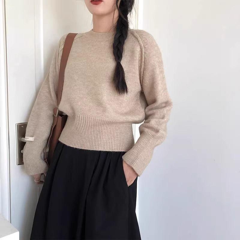 New Korean Chic Round Neck Loose Sweater Women Winter Solid Bottoming Shirt Knitted Tops Simple Design Casual Pullover