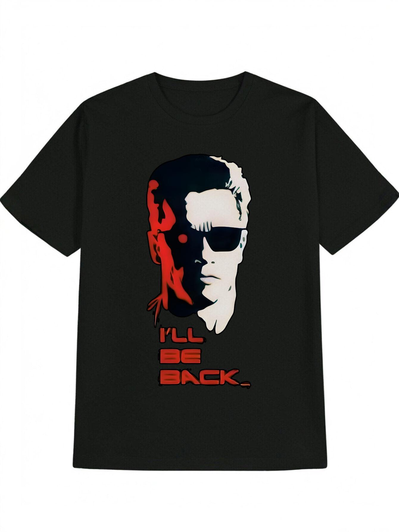 Casual Graphic T-shirt with Bold I ll Be Back Text & Stylized Male Portrait Print - Black Round Neck Summer Tee L