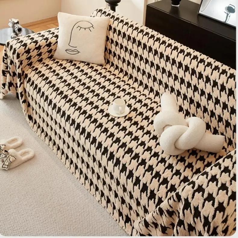 Simple Plush Thousand Bird Grid Sofa Cover Integrated Full Coverage Protective Cushion Sleeve Fashion Cotton Decor Couch Mat