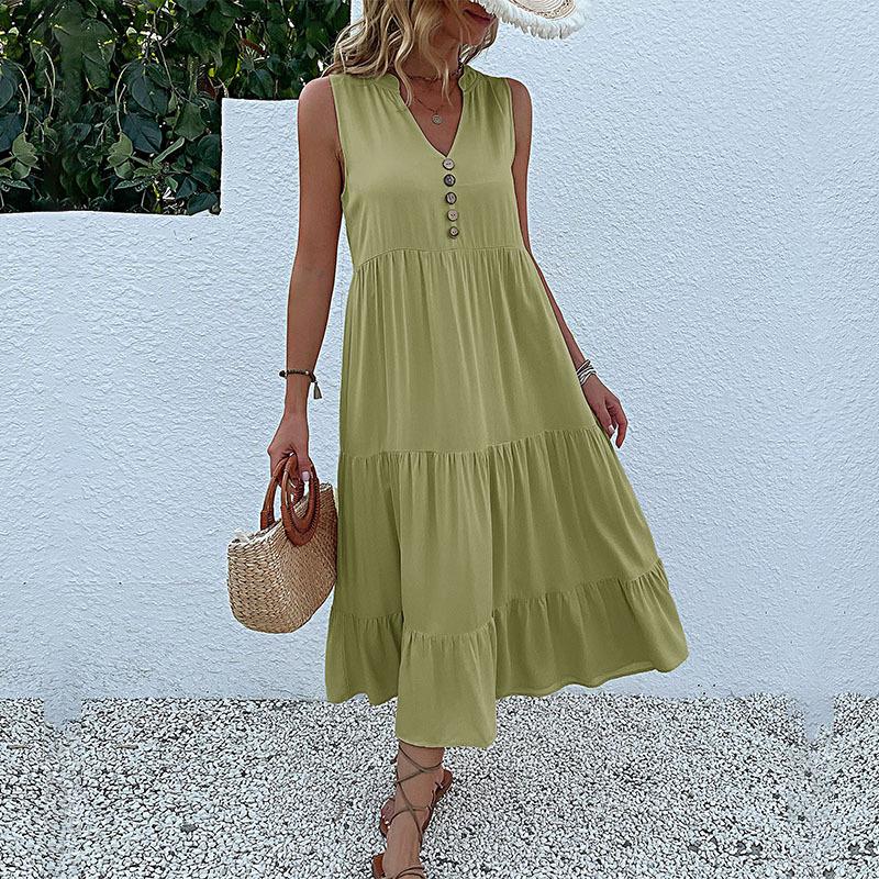 Amazon Independent Station Cross-border Summer New Products European and American Sleeveless Pleated Skirt Loose V-Neck Long Dress