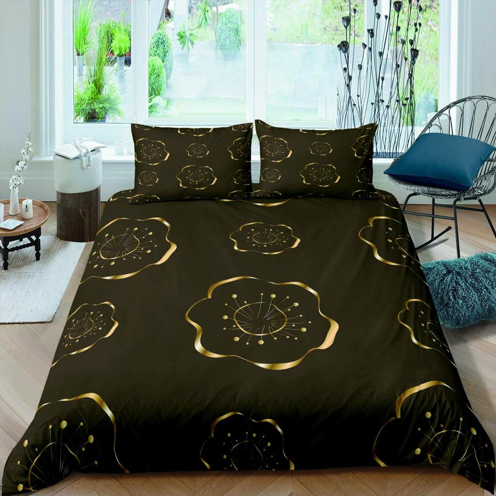 Conjunto de capa de edredom de flores douradas Conjunto de cama infantil Queen e King Size Tema floral 2/3 peças Estilo luxuoso Capa de edredom de poliéster duplo