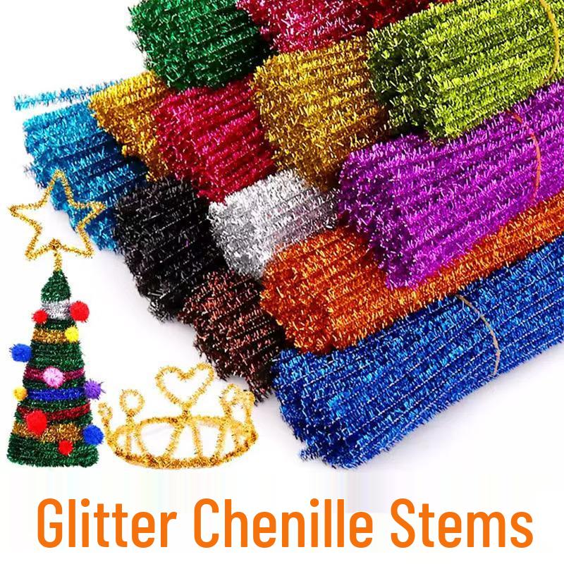 100-Pack Eco-Friendly Glitter Pipe Cleaners - DIY Educational Tinsel Chenille Stems for Kids