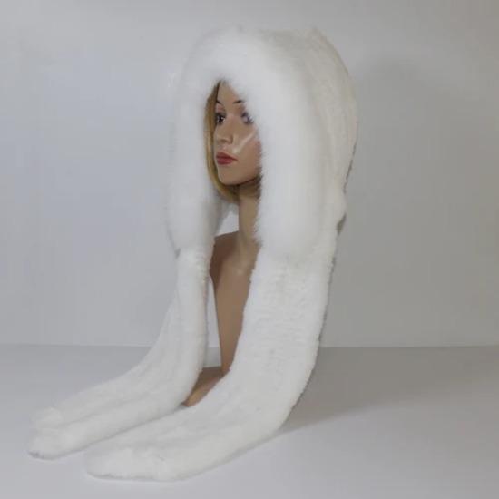 

New Winter Women Natural Fox Fur Hats&Scarves Lady Warm Fluffy Real Rex Rabbit Fur Hat&Scarf Luxury Knit Real Fur Hooded Scarfs білий