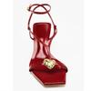 Fashion Summer Sexy Square Toe Metal Buckle Designer Thin High Heels Women Red Ankle-Wrap High Heeled Sandals Luxury Wedding Bridal Shoe