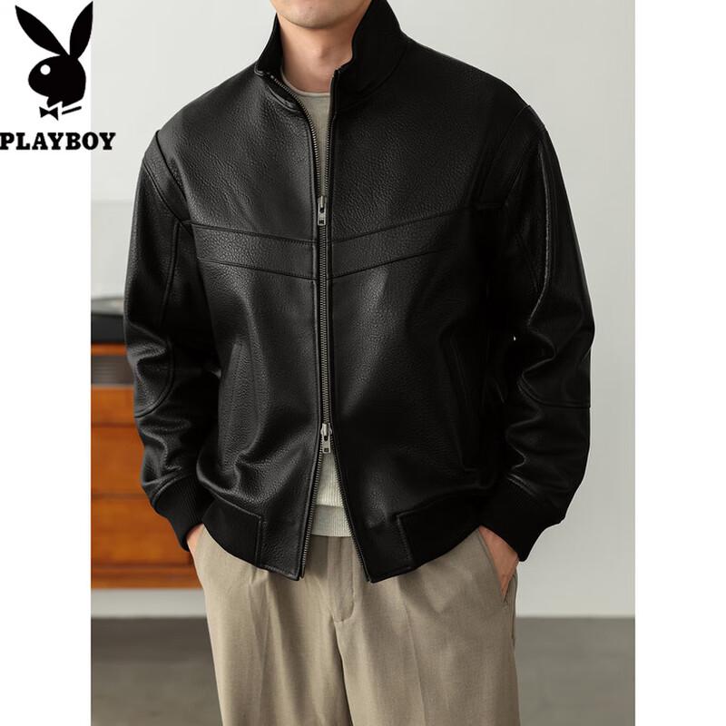 PLAYBOY Men's Genuine Sheepskin Leather Stand Collar Casual Jacket