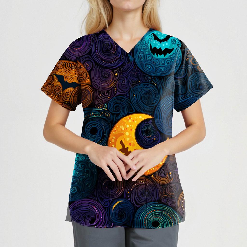 Women's Fashion V-Neck Short Sleeve Overalls With Pockets Halloween Printed Tops  Apparel