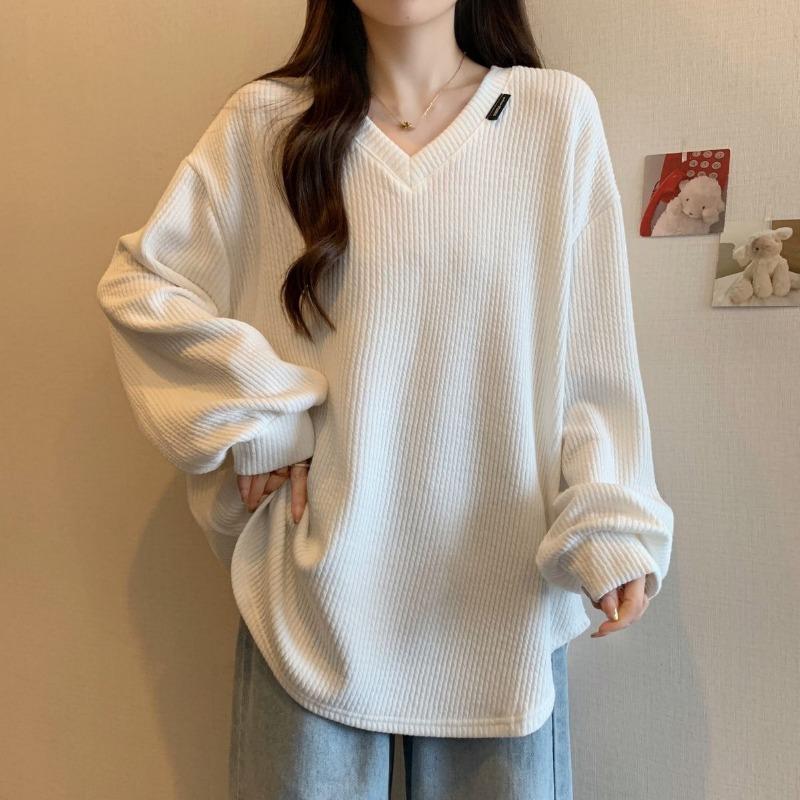 Spring Autumn V-neck Solid Color Long Sleeve T-shirt Women Loose Casual Simple All-match Pullover Tee Top