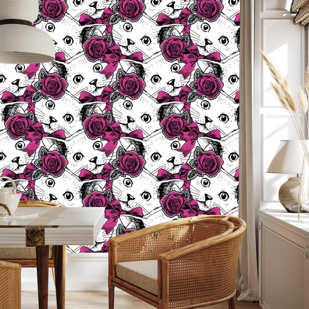Cats and Roses Wallpaper for Living Room and Bedroom 50x1000
