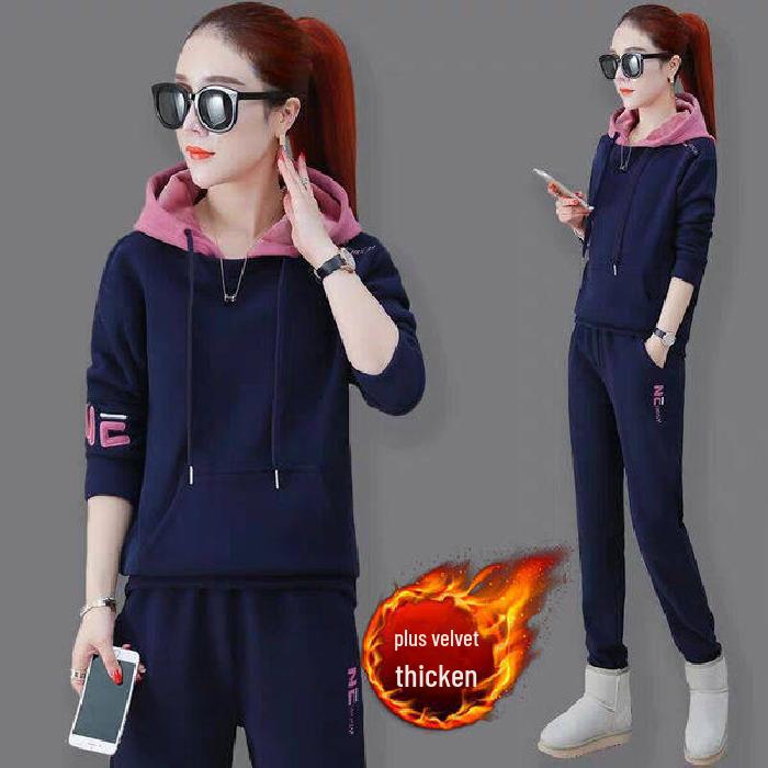 

Женский плюшевый спортивный костюм контрастного цвета с вышивкой: Свободный комплект из двух предметов: свитер и брюки на осень/зиму. 2XL королевский синий