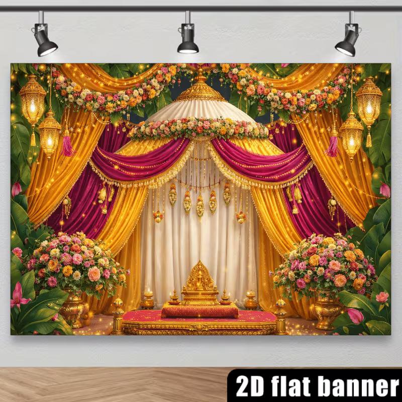 2D Elegant Indian Mandap Backdrop, Pink & Gold Drape Wedding Ceremony Banner