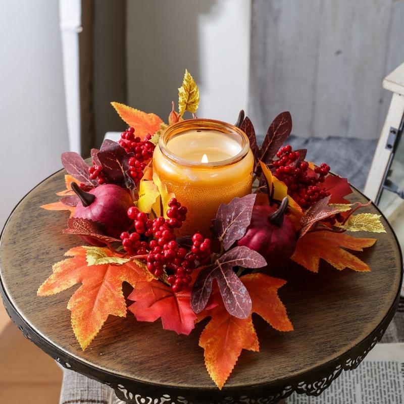 Fall Thanksgiving Table Decorations Vegetable Maple Leaf Candle Circle Safe