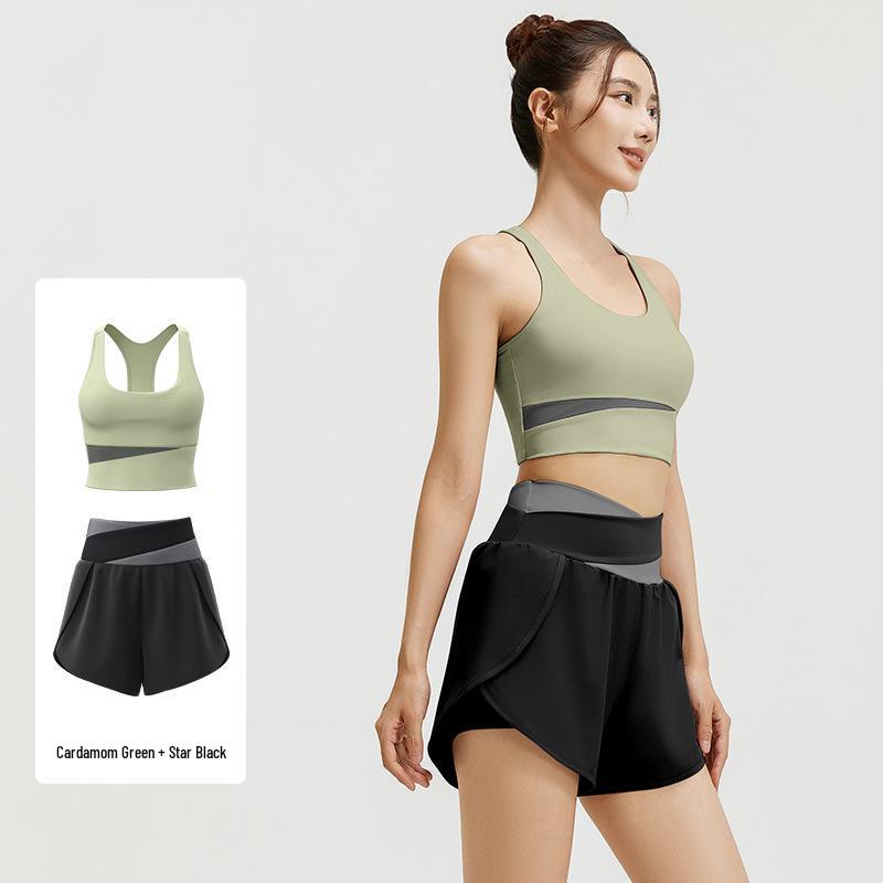 Nude Feeling Yoga Set: Color Block Anti-Exposure Two-Piece Sports Shorts