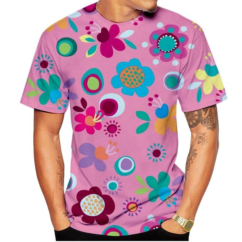 Summer Round Neck 3D Colorful Flower Print Top Fashionable Casual Hawaiian Vacation Style Short Sleeved Men's T-shirts