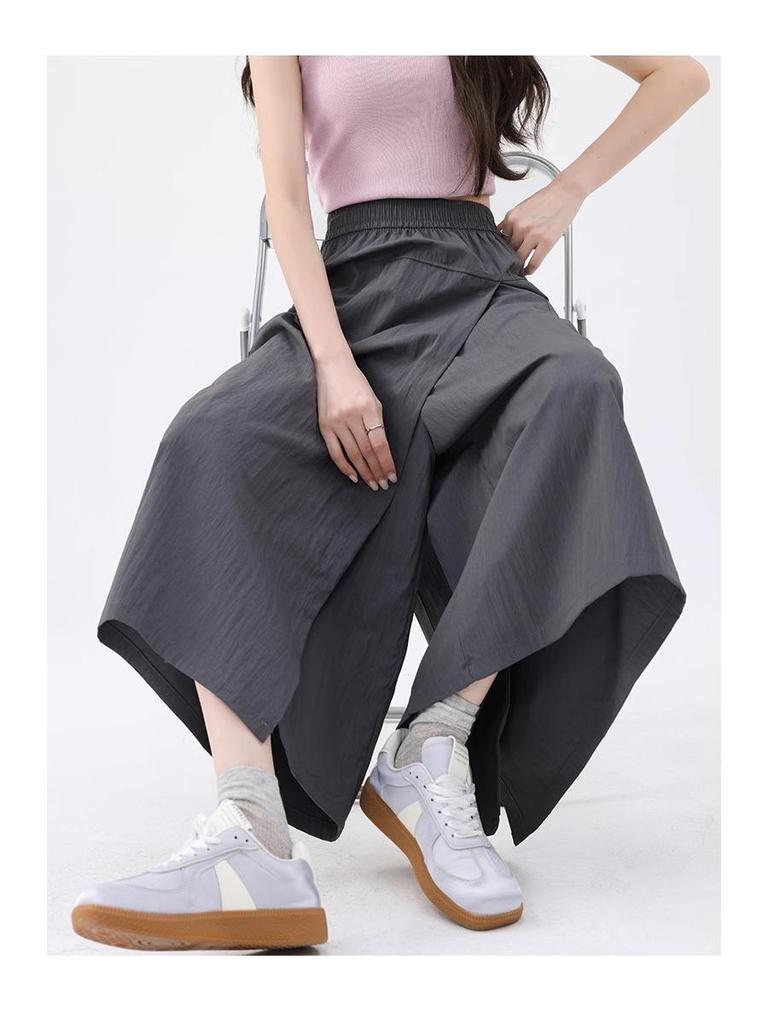 Yamamoto Women's Slit High-Waisted Midi Skirt-Pants, Summer 2026 - Ice Silk, Slimming Casual Wide-Legs.