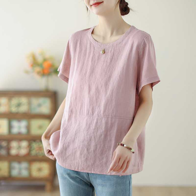 

Летняя новая рубашка с короткими рукавами из хлопка и льна, простая, свободная, повседневная, универсальная, с круглым вырезом и короткими рукавами 2XL