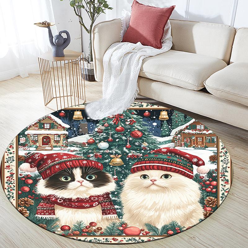 Christmas Cat Pattern Round rug,Carpet Rug for Living Room Bedroom Playroom ,Non-slip Floor Mat,Holiday Gifts and Birthday Gifts.
