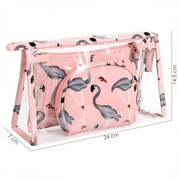 Ecarla Set 3 Kosmetiktaschen Rosa mit Grauen Flamingos Ks65Wz1