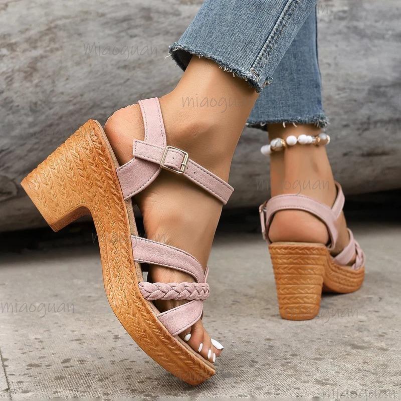 Fashion Ankle Strap High Heels Sandals Women Summer Platform Gladiator Sandalias Mujer Weaving Cross Band Chunky Heeled Sandles