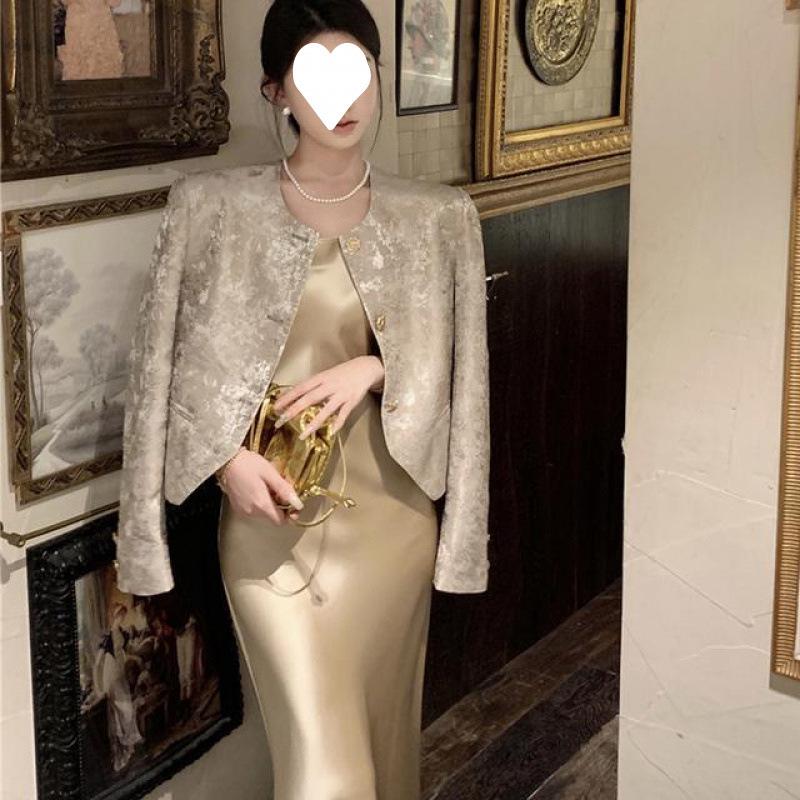 Elegant Women's Jacquard Jacket & Acetate Satin Dress Set