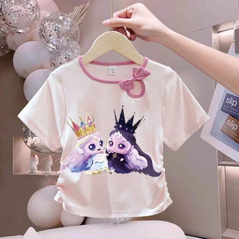 Girls' Cute Bowtie Top for Summer Children's Fashionable Round-neck Short-sleeved Pure Cotton T-shirt