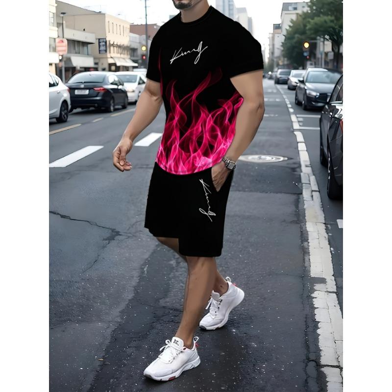 Flame Pattern "King" Print, Men's 2-piece Set, Summer Casual Round Neck Short Sleeved T-shirt and Drawstring Shorts Set, Home and Vacation Outfit