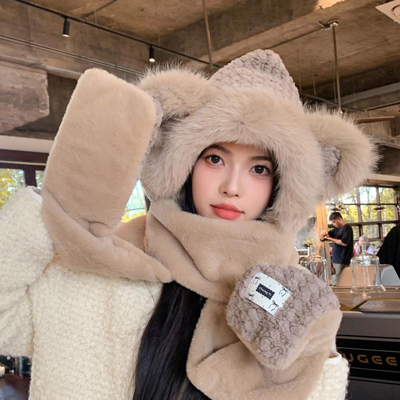 

Милая шапка зимняя плюшевая интегрированная шапка утолщенная теплая защита ушей универсальная защита шеи шапка-пуловер женская мода