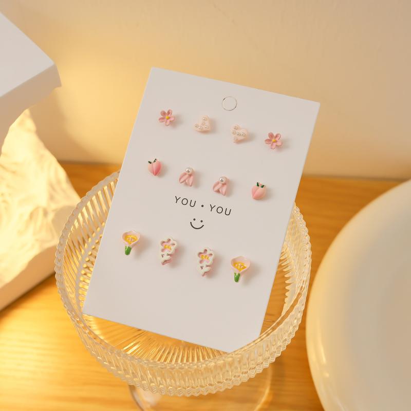 1Set Simple And Compact Silver Needle Earring Set Love Geometric Earring Combination Cute Sweet And Versatile Earrings