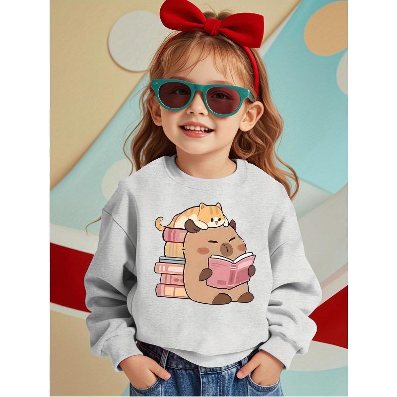 European Size Reading Fun Comfortable Kids' Crew Neck Sweatshirt with Cartoon Animal Reading Pattern - Casual Pullover Suitable for Autumn/Winter