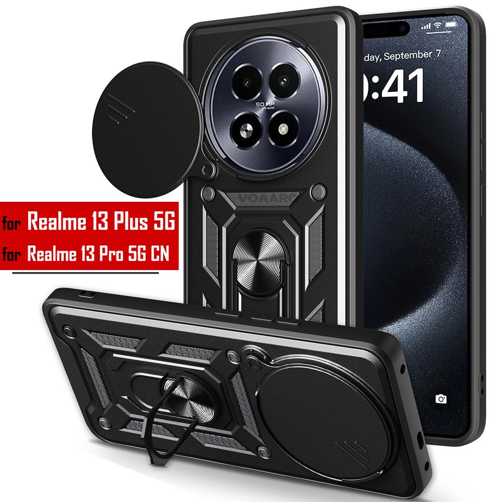 Slide Lens Armor Funda for Realme 13 Plus 5G Case Magnetic Ring Stand Cover for Realme 13 Pro 5G China P1 Speed 5G Global Case